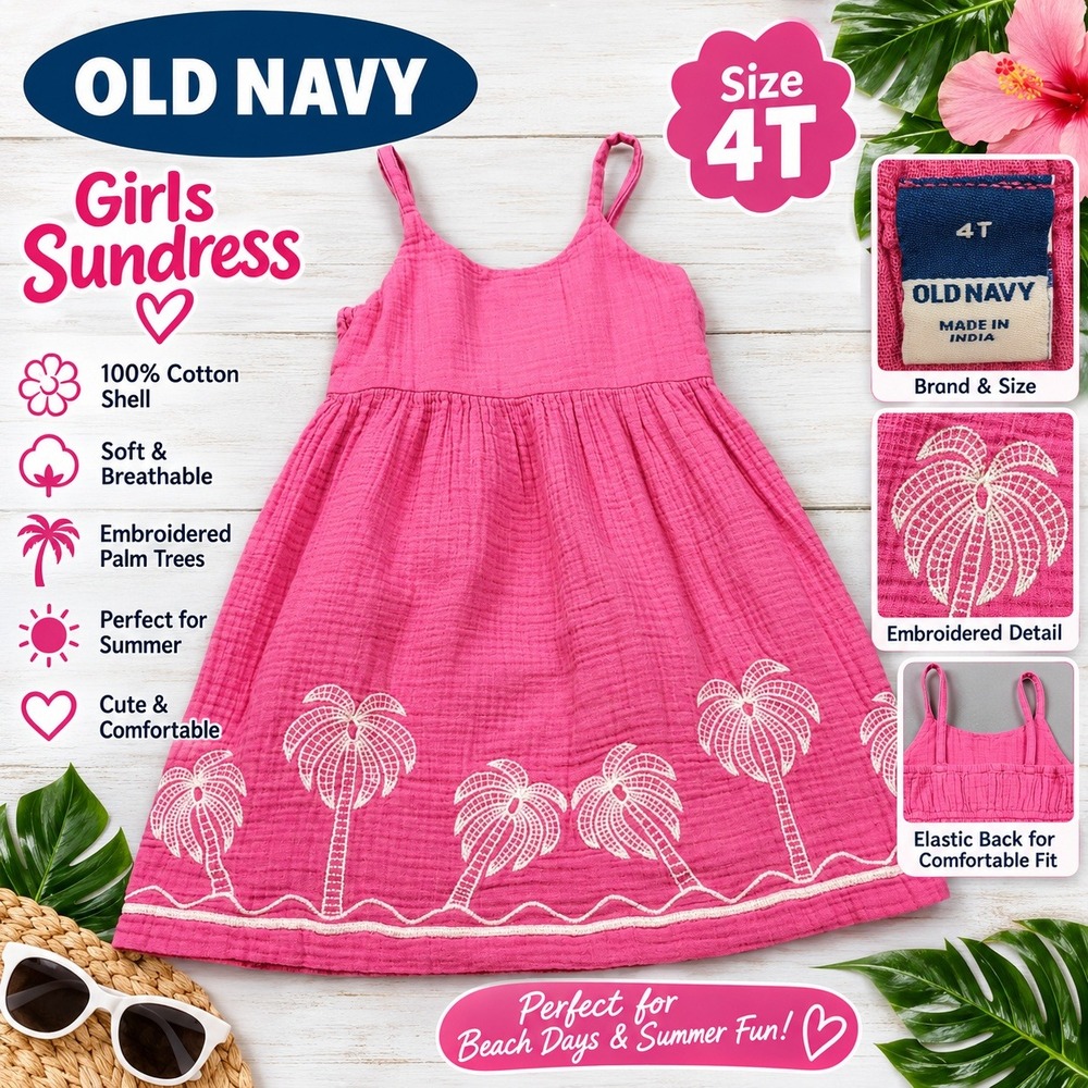 Old Navy Girls Pink Gauze Palm Tree Embroidered Cami Sundress 4T 421293-00